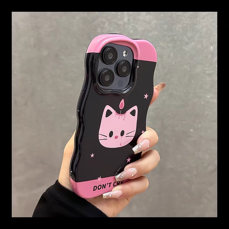 iPhoneケース かわいい 猫 ブラック×ピンク うねうね 韓国 スマホケース