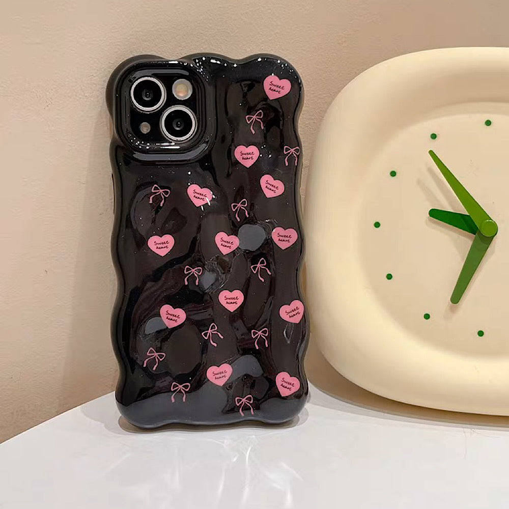 iPhoneケース おしゃれ 凸凹 ケース ピンク ハート かわいい ブラック スマホケース