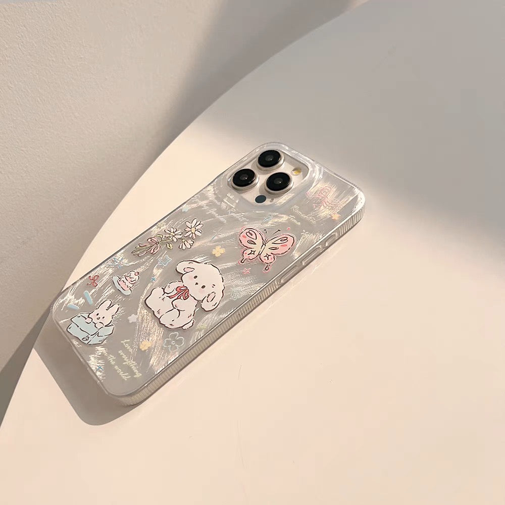 iPhoneケース かわいい 白犬 蝶々 シルバー スマホケース