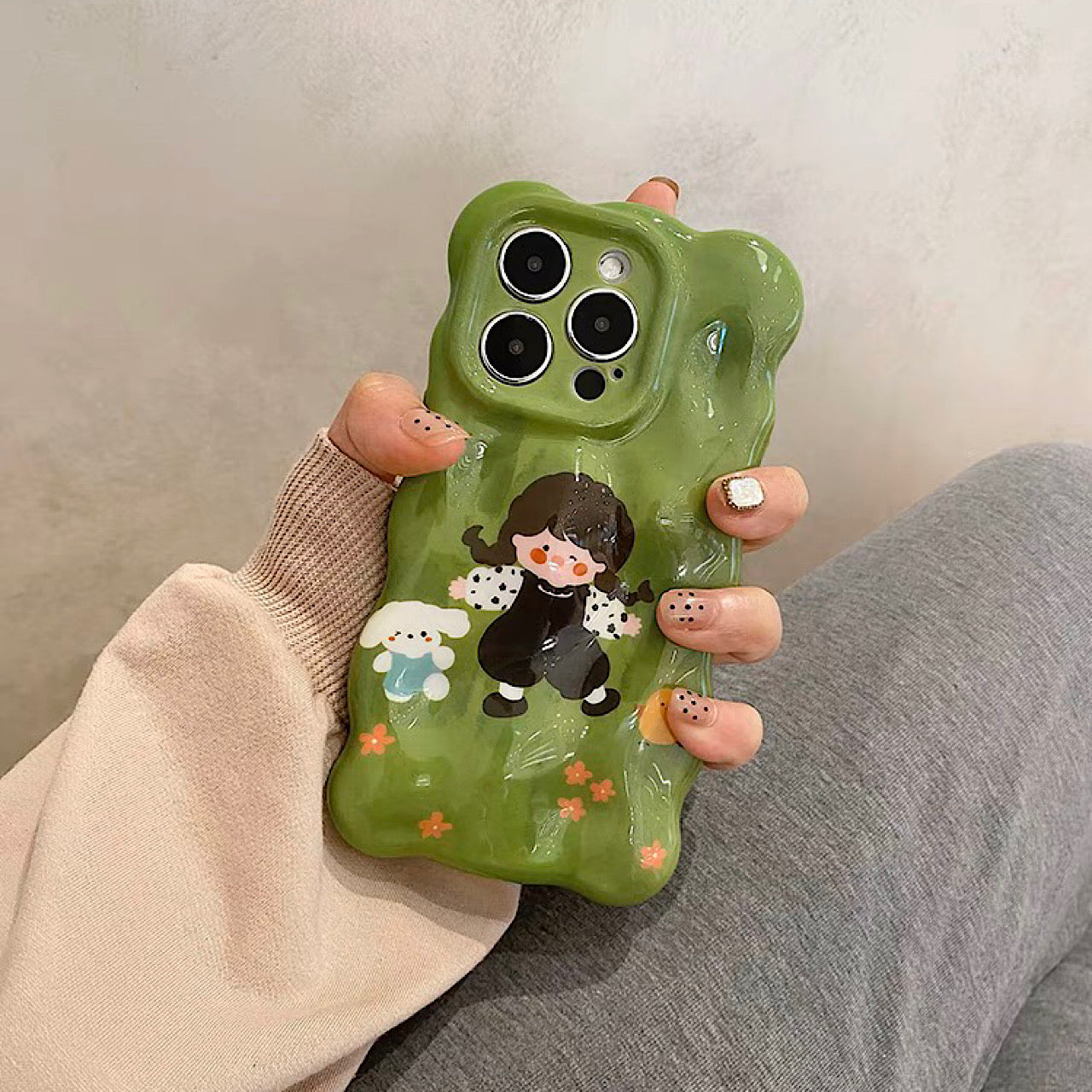 iPhoneケース かわいい 女の子 子犬 凹凸 グリーン スマホケース