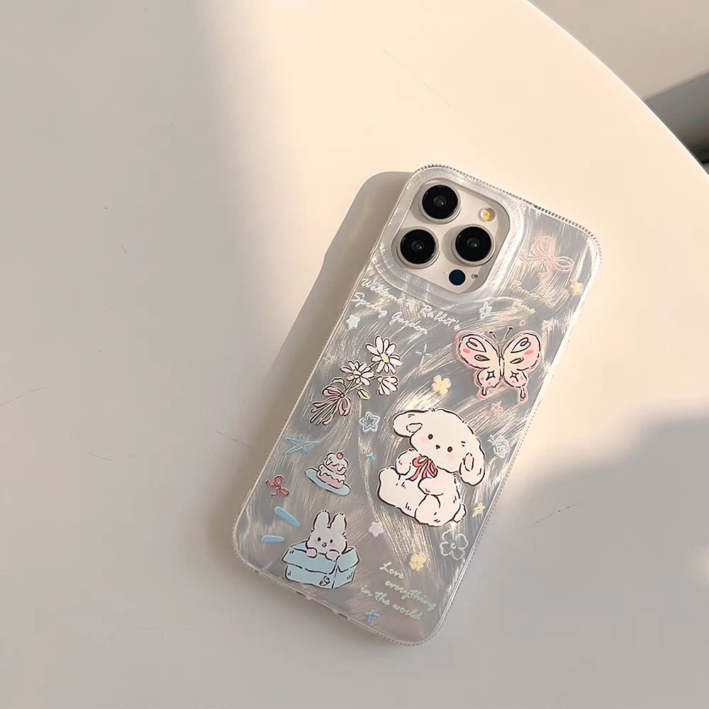 iPhoneケース かわいい 白犬 蝶々 シルバー スマホケース