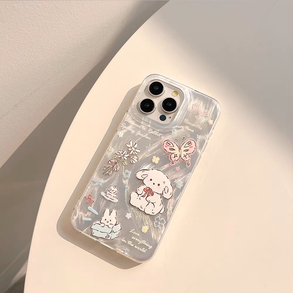 iPhoneケース かわいい 白犬 蝶々 シルバー スマホケース