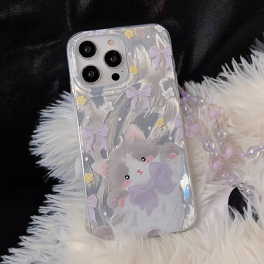 iPhoneケース かわいい ねこ パープル リボン スマホケース