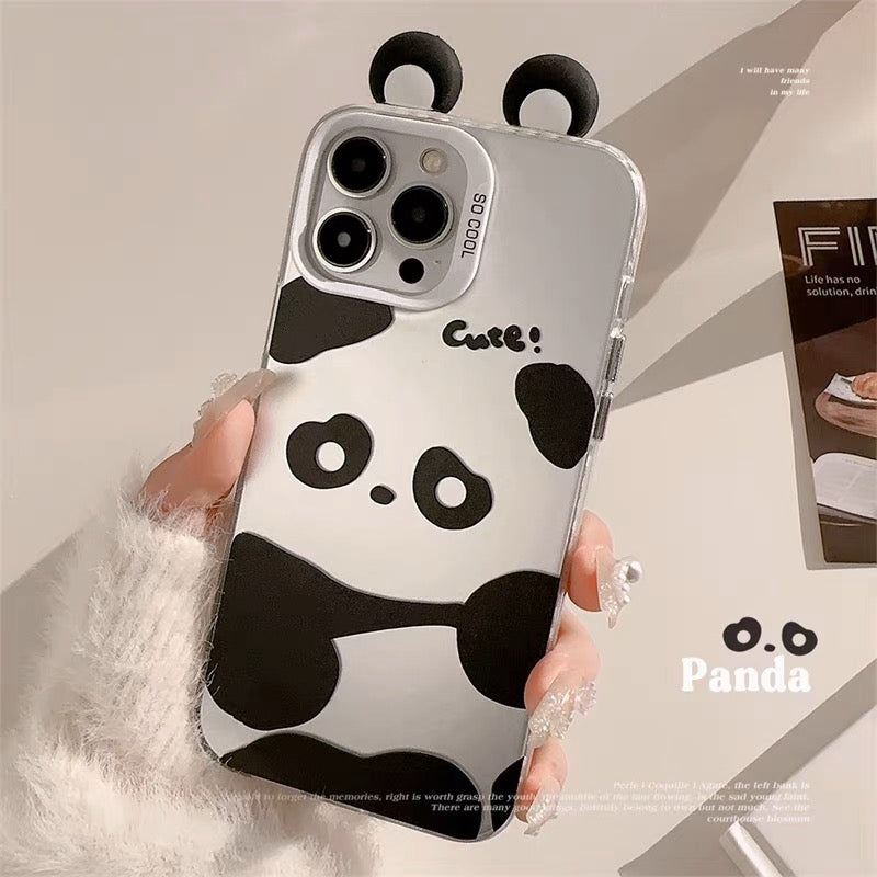 iPhoneケース かわいい 耳付き パンダ シルバー スマホケース