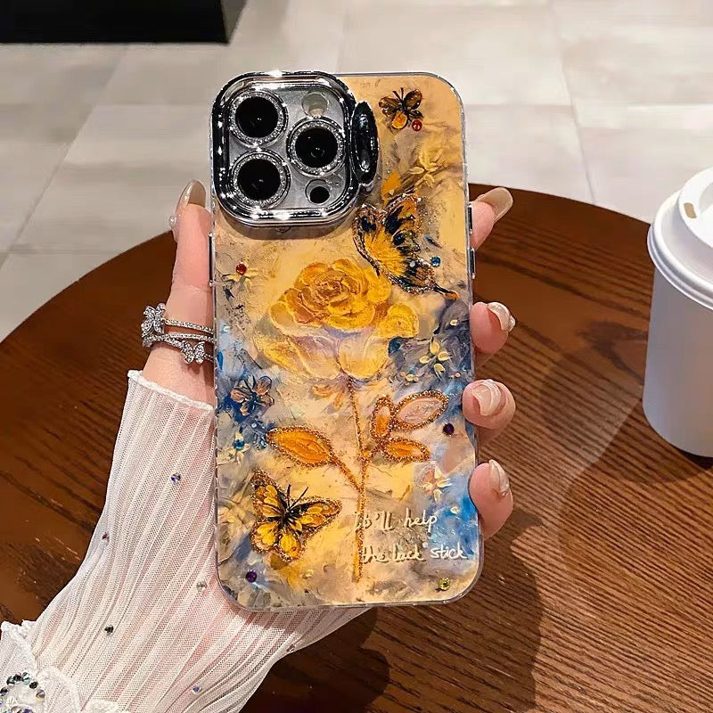 iPhoneケース 黄色 フラワー スタンド付き キラキラ カメラ スマホケース