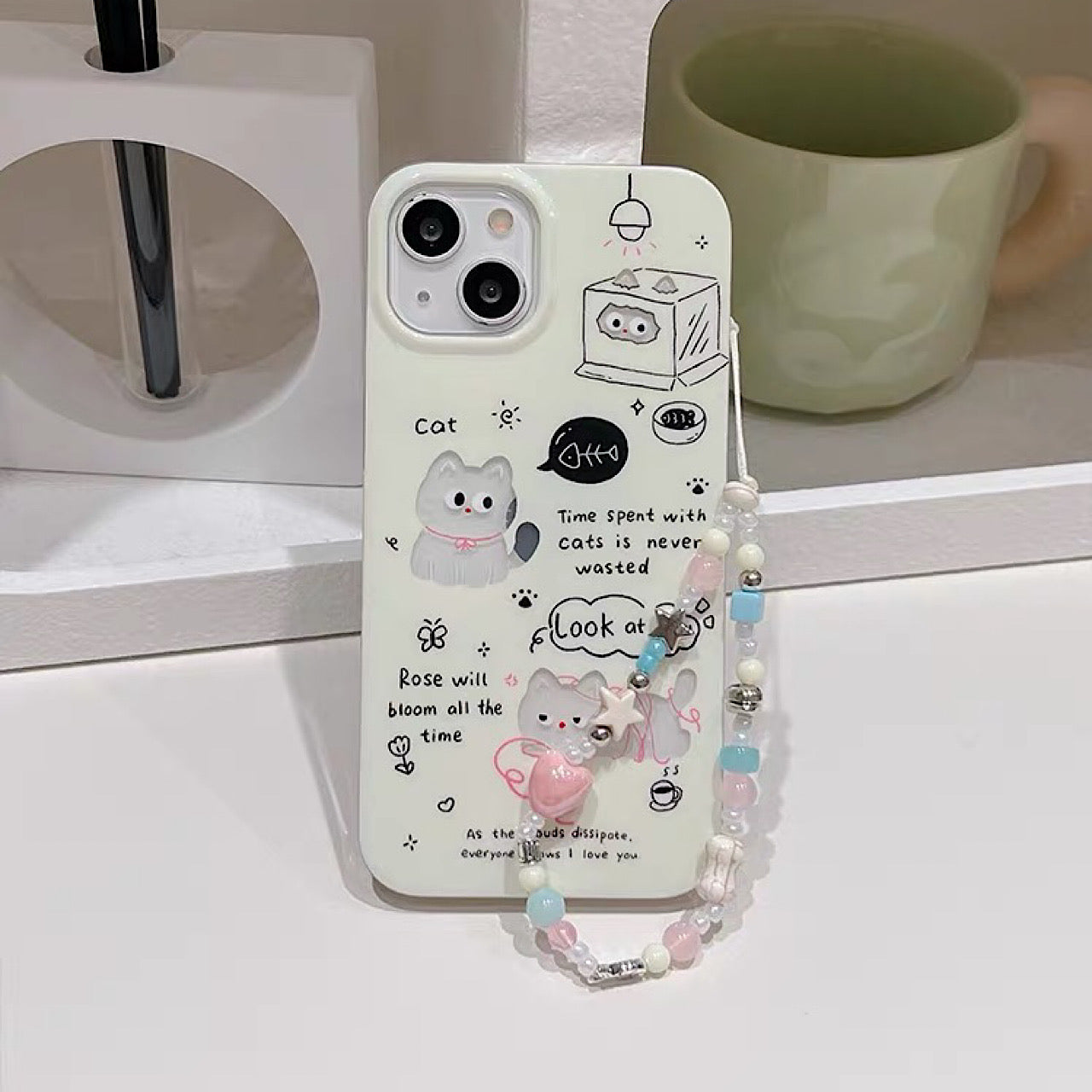 iPhoneケース かわいい 猫 英文字 ホワイト スマホケース