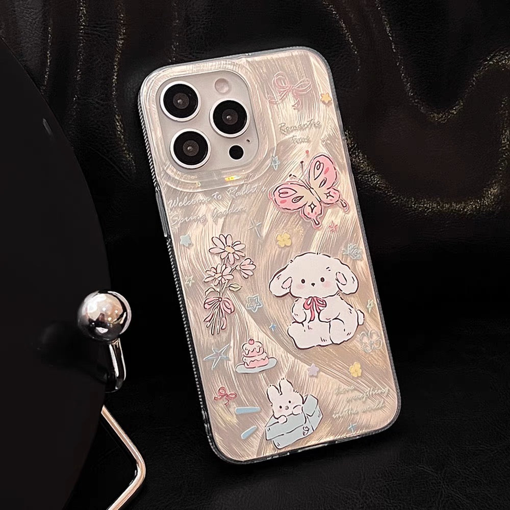 iPhoneケース かわいい 白犬 蝶々 シルバー スマホケース