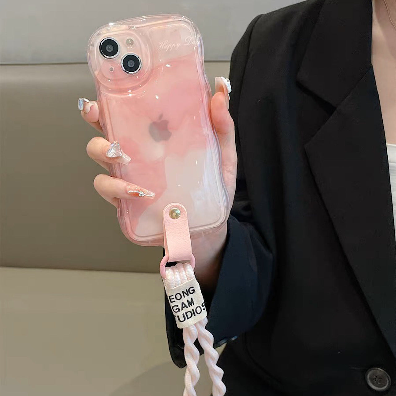 iPhoneケース かわいい ピンク 大理石風 ショルダー ストラップ スマホケース