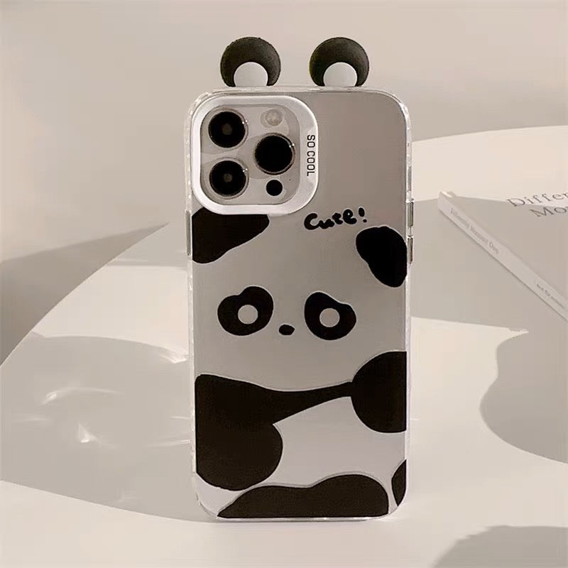 iPhoneケース かわいい 耳付き パンダ シルバー スマホケース