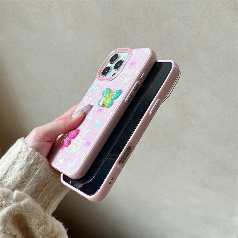 iPhoneケース　おしゃれ　カラフル　立体　蝶々　ピンク　スマホケース