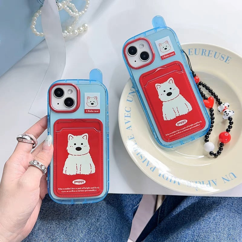 iPhoneケース かわいい ホワイト 犬 ポケット付き スマホケース