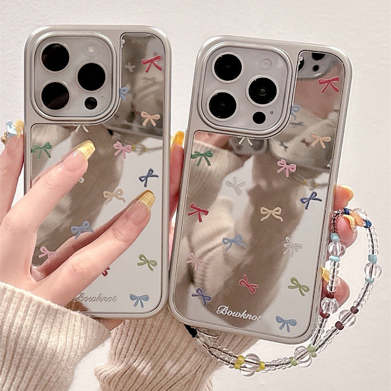 iPhoneケース かわいい カラフル リボン ミラー付き スマホケース