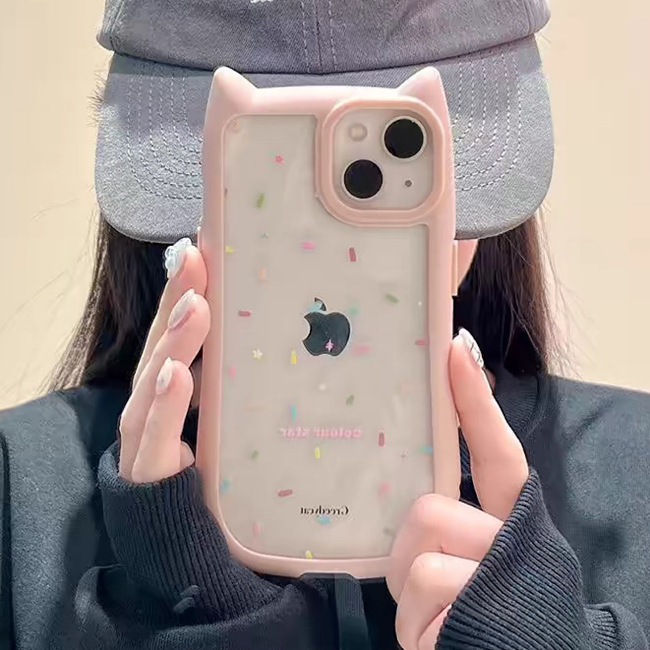 iPhoneケース ピンク 猫耳付き カラフル 透明 頑丈 韓国 スマホケース